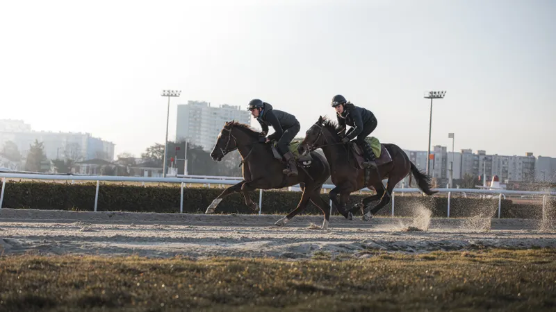 Deux cavaliers au galop lors d'un entraînement à l'hippodrome