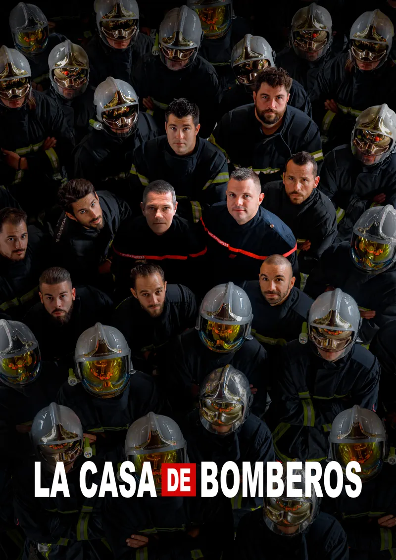 Affiche créative de pompiers en uniforme inspirée de La Casa de Papel