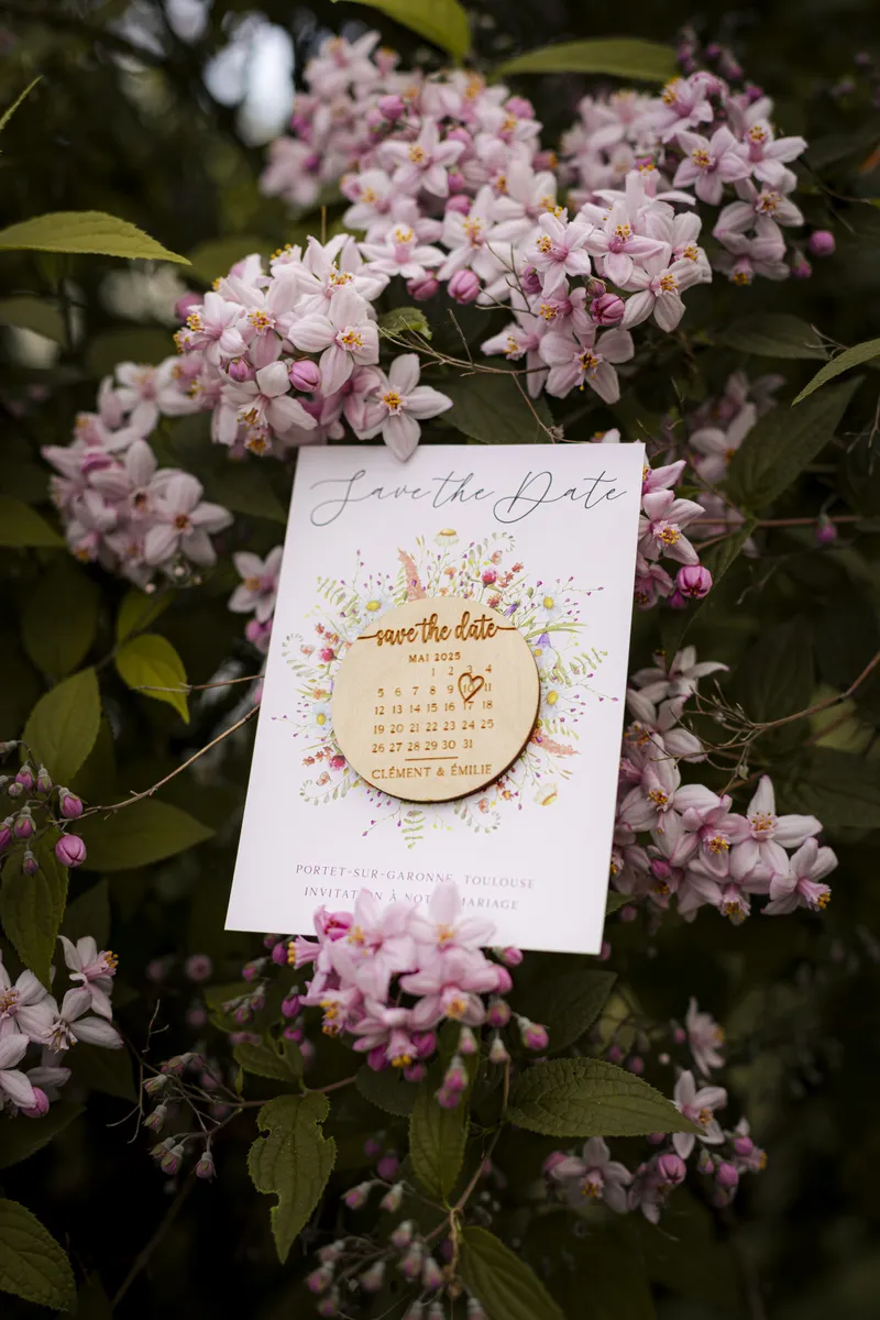 Faire-part Save the Date posé sur des fleurs roses en extérieur