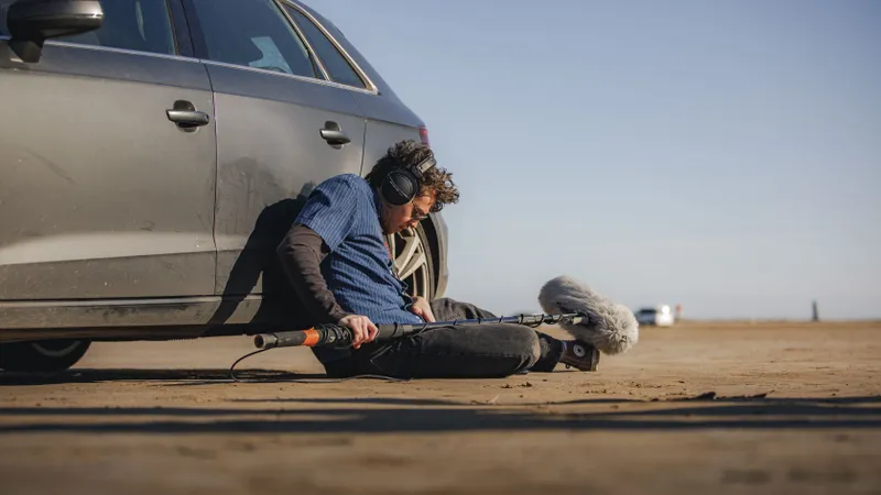 Preneur de son assis au sol près d'une voiture avec sa perche et son casque