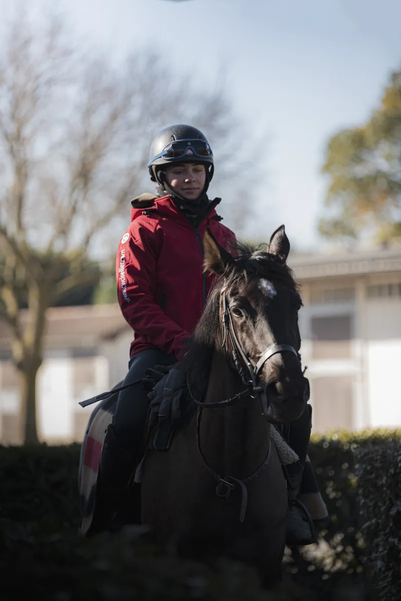 Portrait d'une cavalière souriante sur son cheval en contre-jour