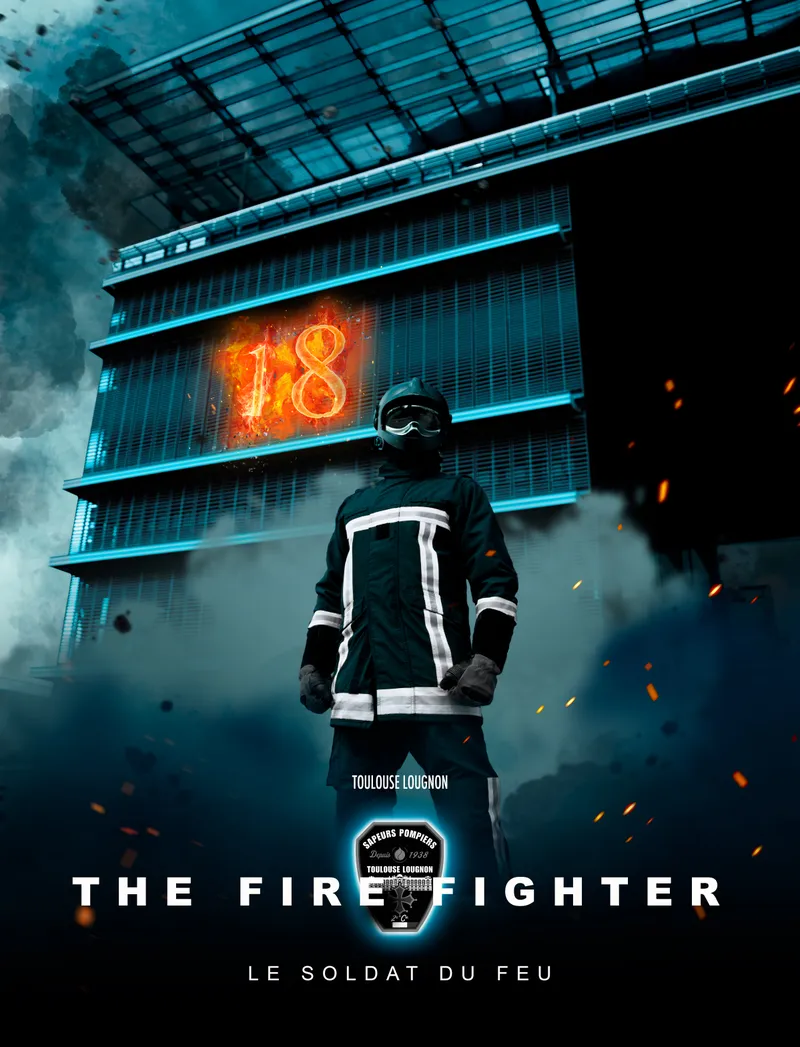 Affiche créative d'un pompier vu de dos face à une caserne avec le numéro 18 en feu