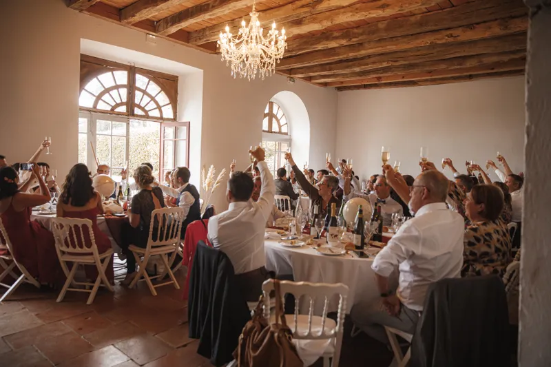 Invités levant leurs verres pour un toast lors du repas de mariage dans un château
