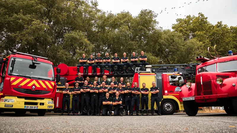 Photo de groupe officielle d'une caserne de pompiers devant leurs véhicules