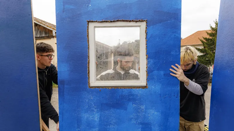Trois personnes installant un décor bleu avec fenêtre pour un clip vidéo