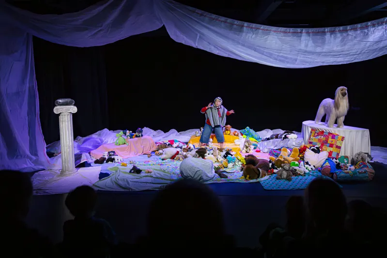 Spectacle de théâtre avec accordéoniste entouré de peluches sur scène