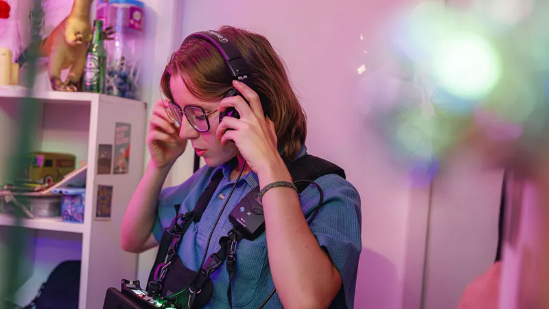 Technicienne son avec casque audio sur un plateau baigné de lumière rose